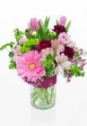 Edmonton Florist, Gerberas, Alstromeria, Solidago , Greens ,Bow in Vase/NW-5