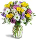 Edmonton Florist,  Roses, Daisy, Solidago, Buttons, Fuji in vase/T-02