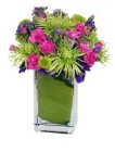 Edmonton Florist, Green Fuji's, Purple & Pink Blooms in Square Vase & Leaves/T-04