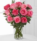 Edmonton Florist, Dozen Pink Roses , Babies Breath, Greens in Vase/F-02
