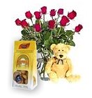 Edmonton Florist, 12 Red roses in Vase, Teddy Bear & Lindor  Chocolates/VSP2