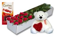 Edmonton Florist, 12 long roses in Box with greens, Lindor Chocolates, Card & Teddy Bear with Heart/VSP3