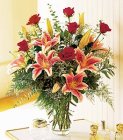 Edmonton Florist, Large Valentines Vase- Roses, Stagaze lillies, Greenary in Vase/V-24