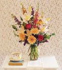 Edmonton Florist, Gerberas, Roses, Lilies, Delpinium, Alstromeris, Green in Vase/V-25