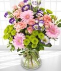 Edmonton Florist, Best Wishes in Vase - Roses, Gerberas, Buttons, Alstro/E510