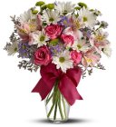 Edmonton Florist, Daisy, Roses,Misty Blue,Alstromeria, Bow in Vase/E604