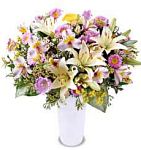 Edmonton Florist, Lillies, daisies, alstromeria, greens, and vase/077