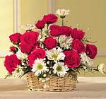 Edmonton Florist, 12 roses arranged ,babies breath , daisies , greens in Basket/096