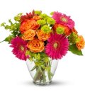 Edmonton Florist, Gerbera Daisy, Buttons, Roses and Greens in Vase/090