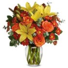 Edmonton Florist, Fall Beauty in Vase, Lilies, Roses ,Solidago, Daisy, /E803